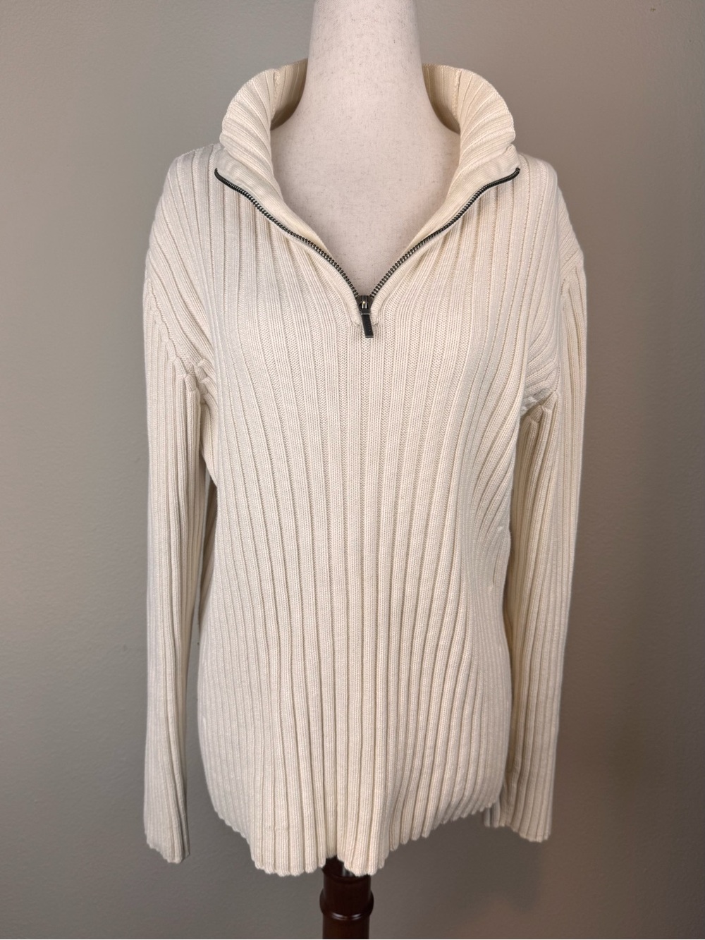 Lauren Ralph Lauren Sweater Women L Cream Ivory 1/4 Zip Ribbed 100% Cotton
